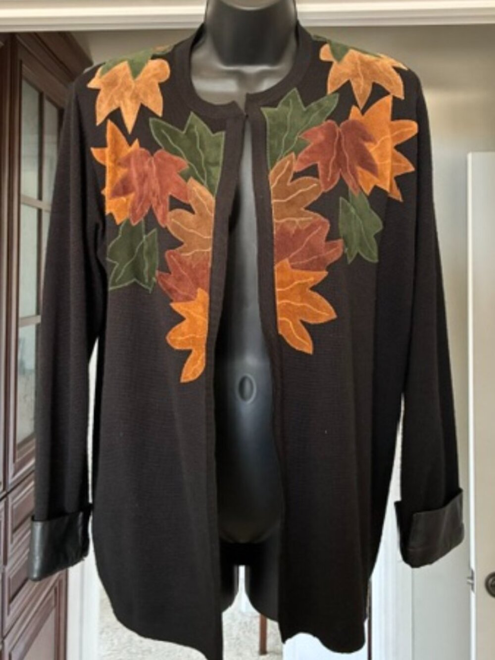 Jacques Cartier Knit Jacket with Leather detail.  Size M.  Brown w multi.
